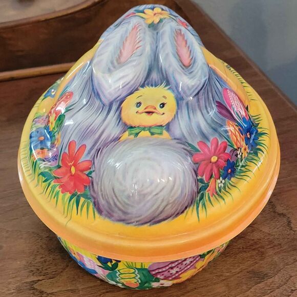 Vintage 3D 9" Easter Bunny Plastic Bowl with Lid Tulips Spring READ - Picture 3 of 8